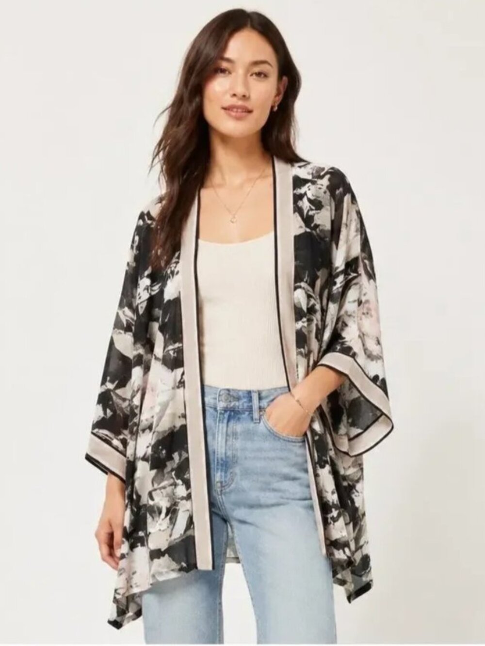Bob Mackie Wearable Art Black Gray Floral Kimono Cardigan 3X